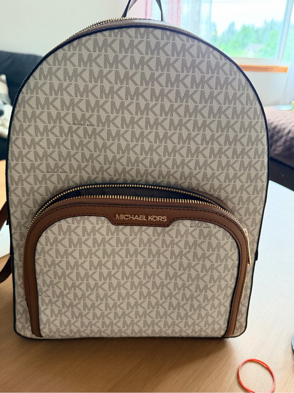 Michael Kors Beige MK Logo Backpack with Brown Trim